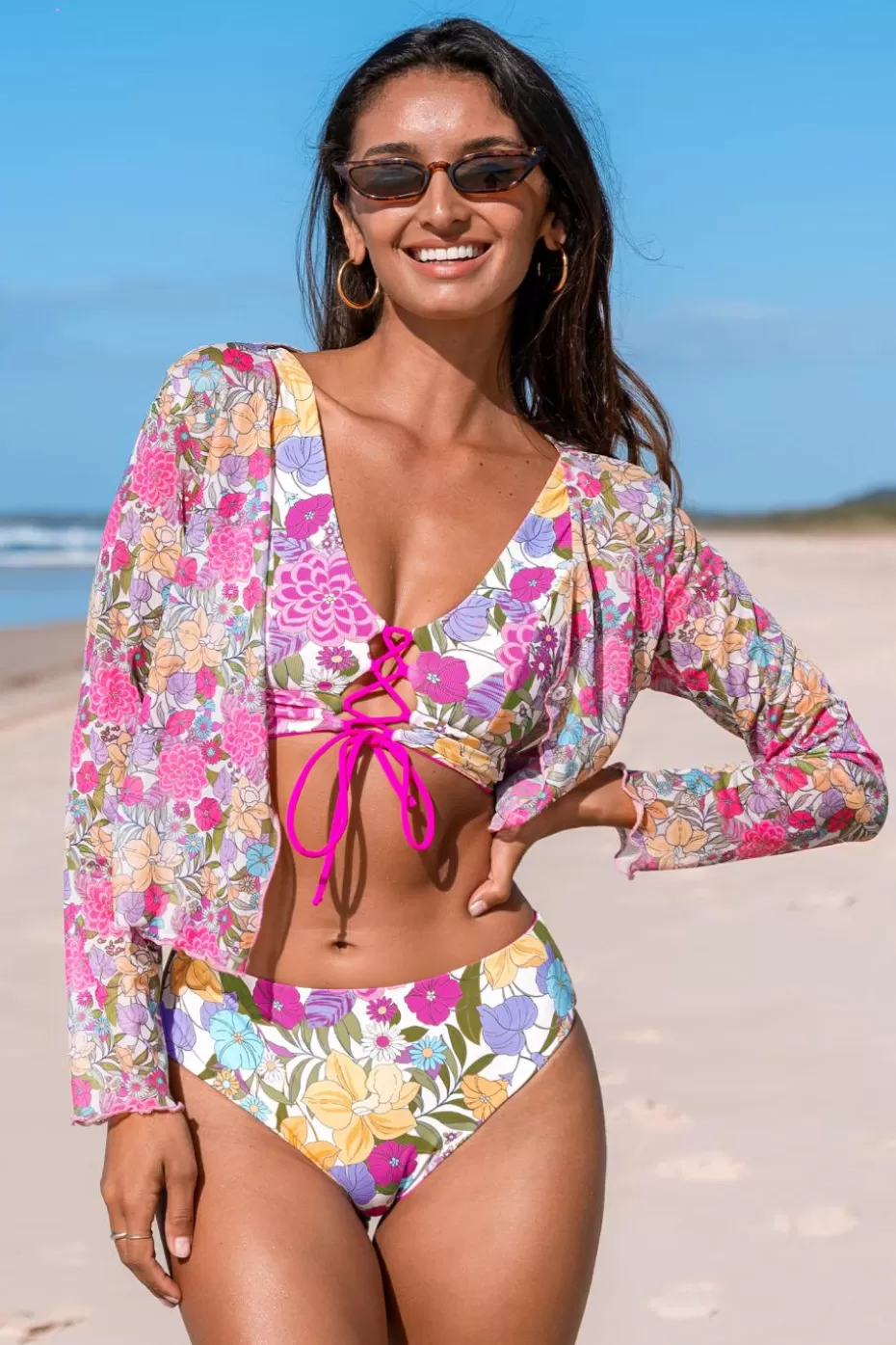 Discount Cupshe Floral Long Sleeve Cover-Up Cardigan Pink