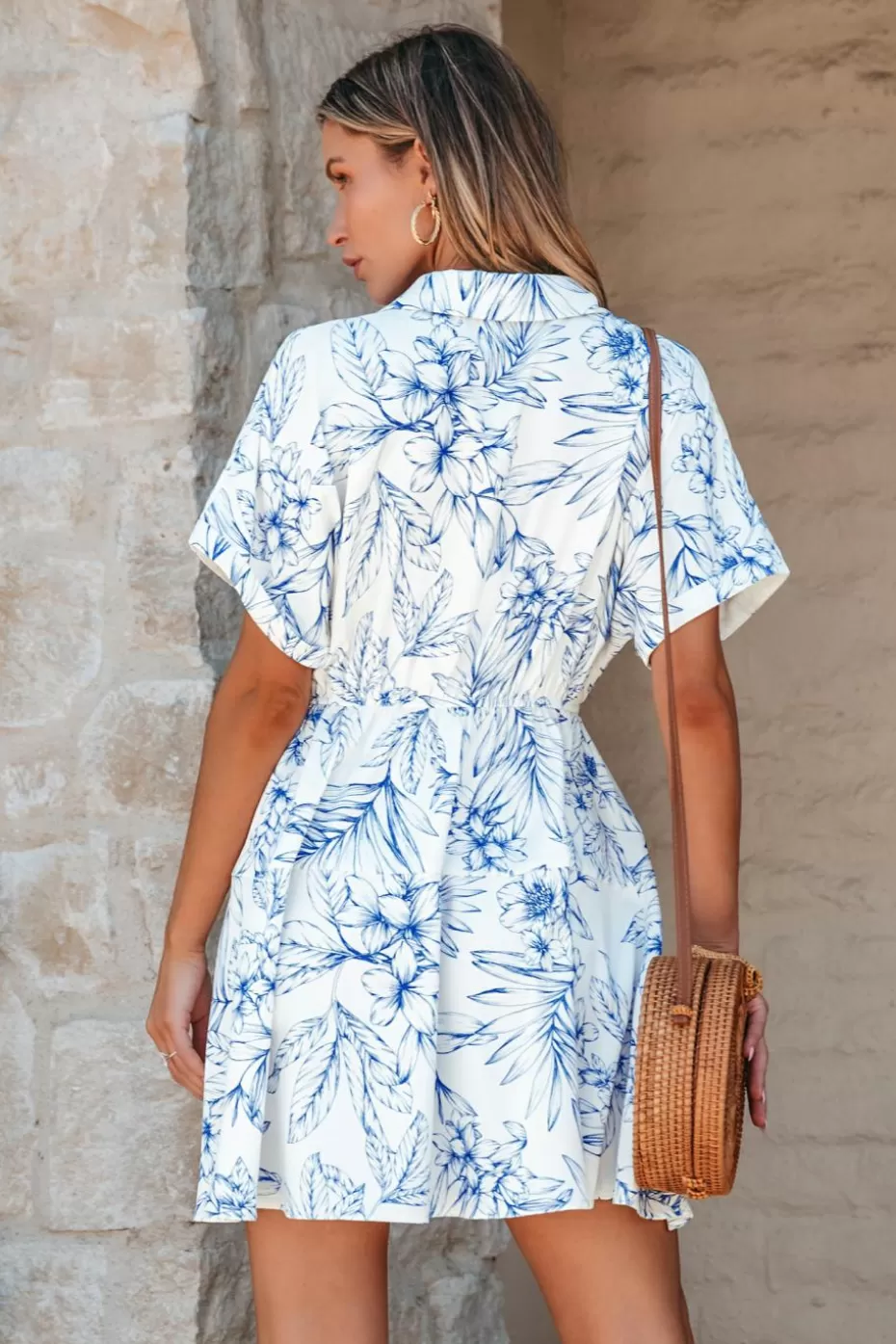 Sale Cupshe Floral Print Drawstring Shirt Dress White