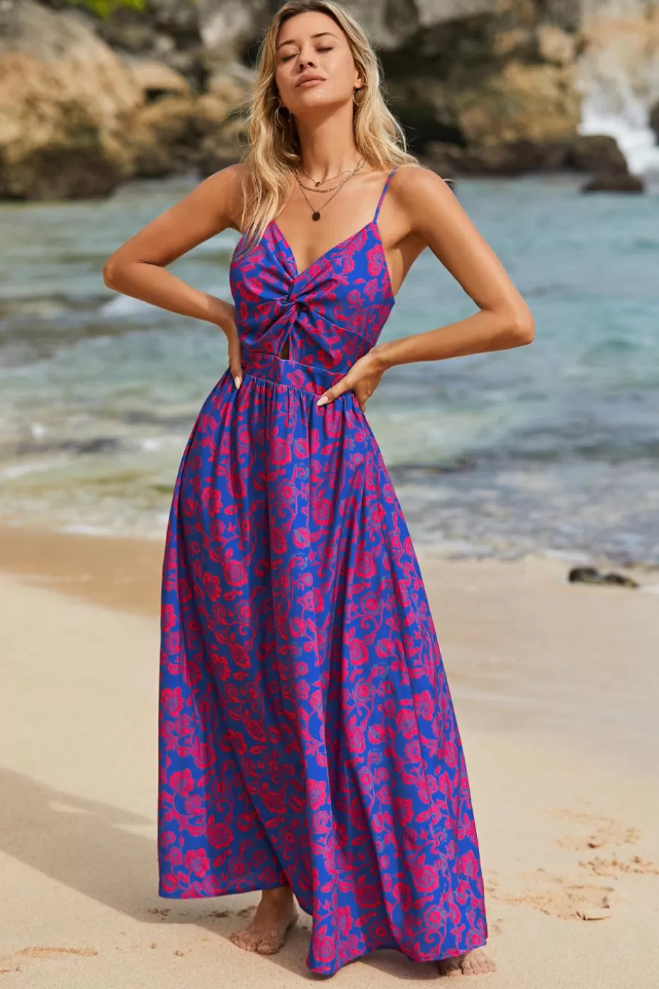 Outlet Cupshe Floral Print Knotted V-Neck Maxi Dress Purple