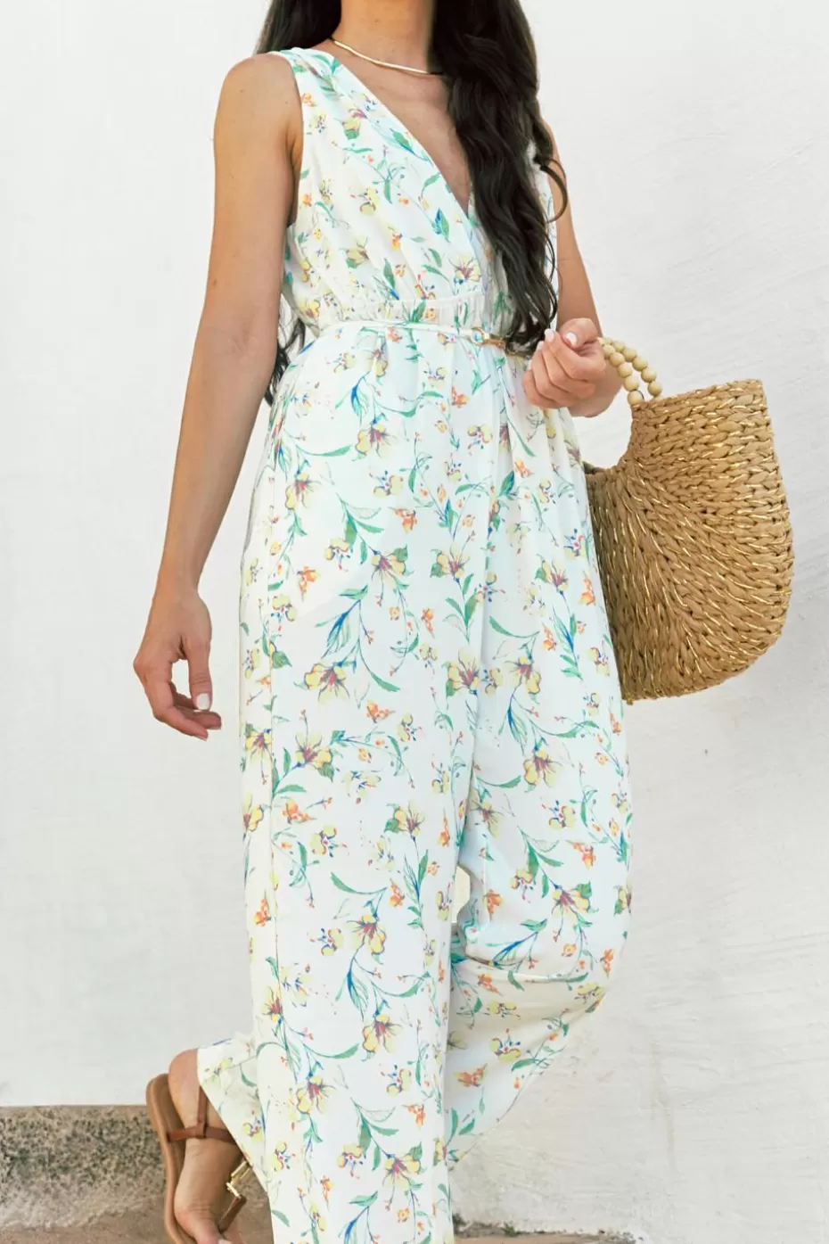 Cheap Cupshe Floral Print Plunging Wide Leg Jumpsuit White