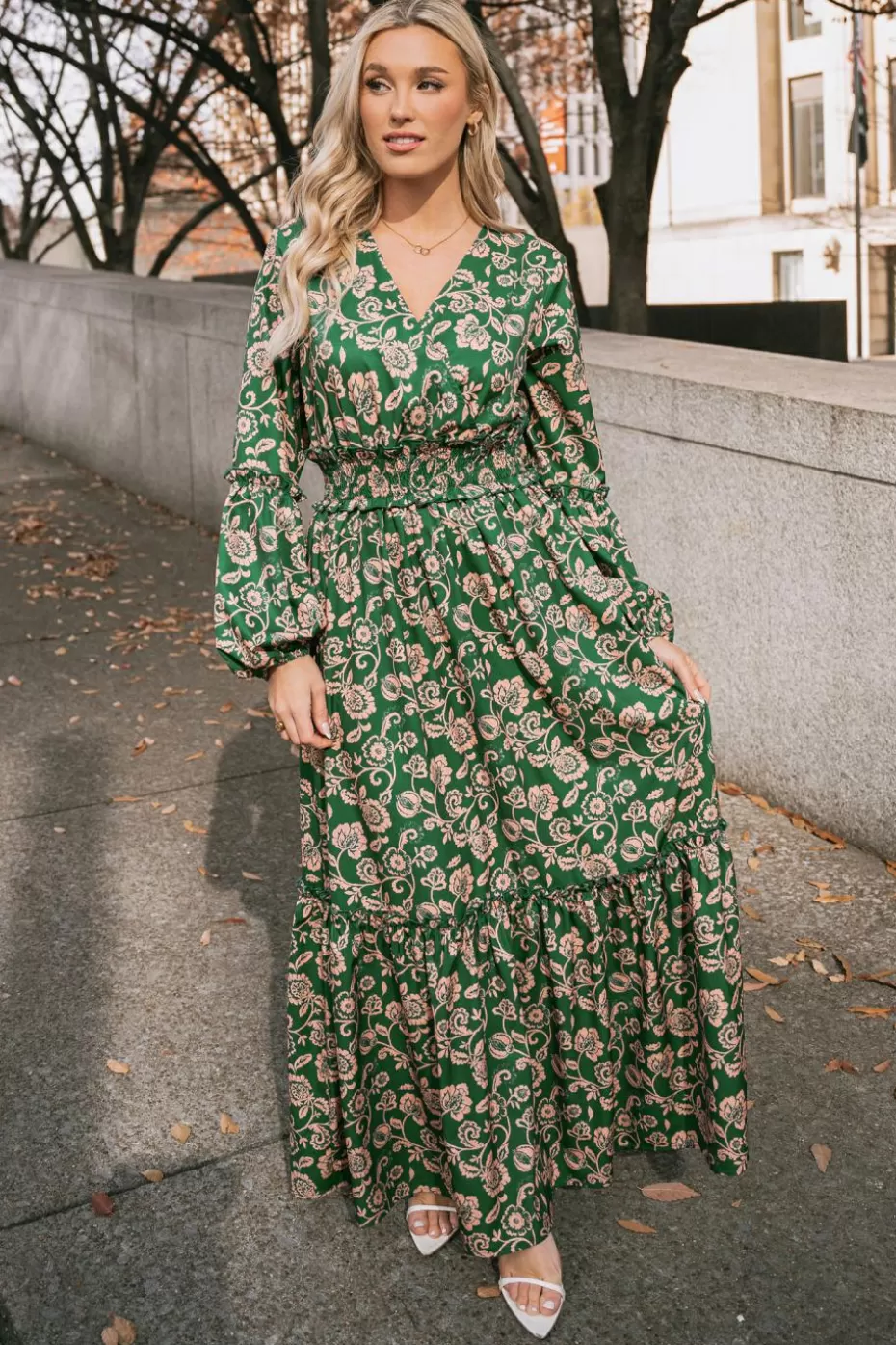 Online Cupshe Floral Shirred Surplice Dress Green