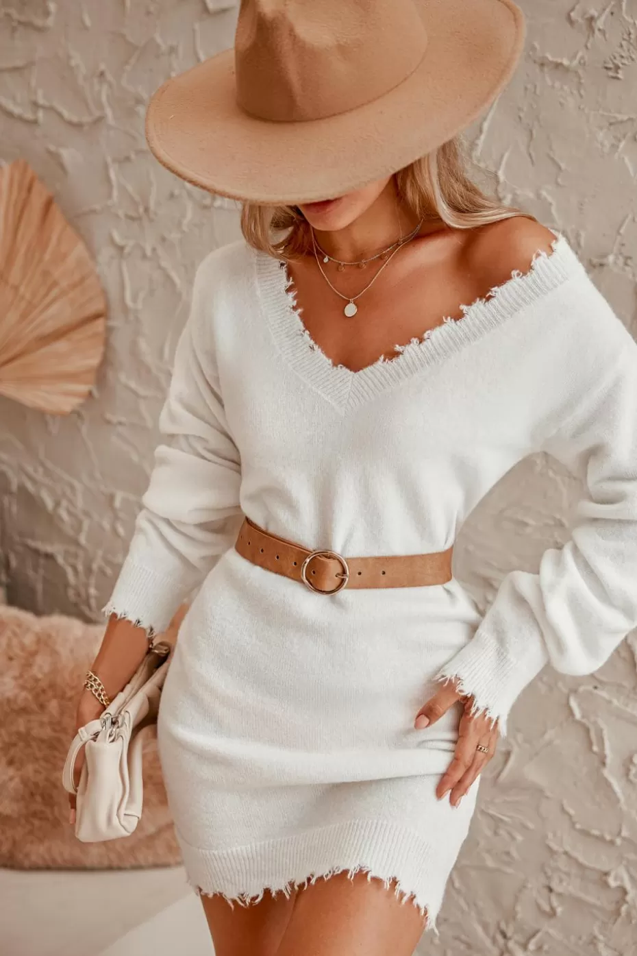 Hot Cupshe Frayed V-Neck Mini Sweater Dress White