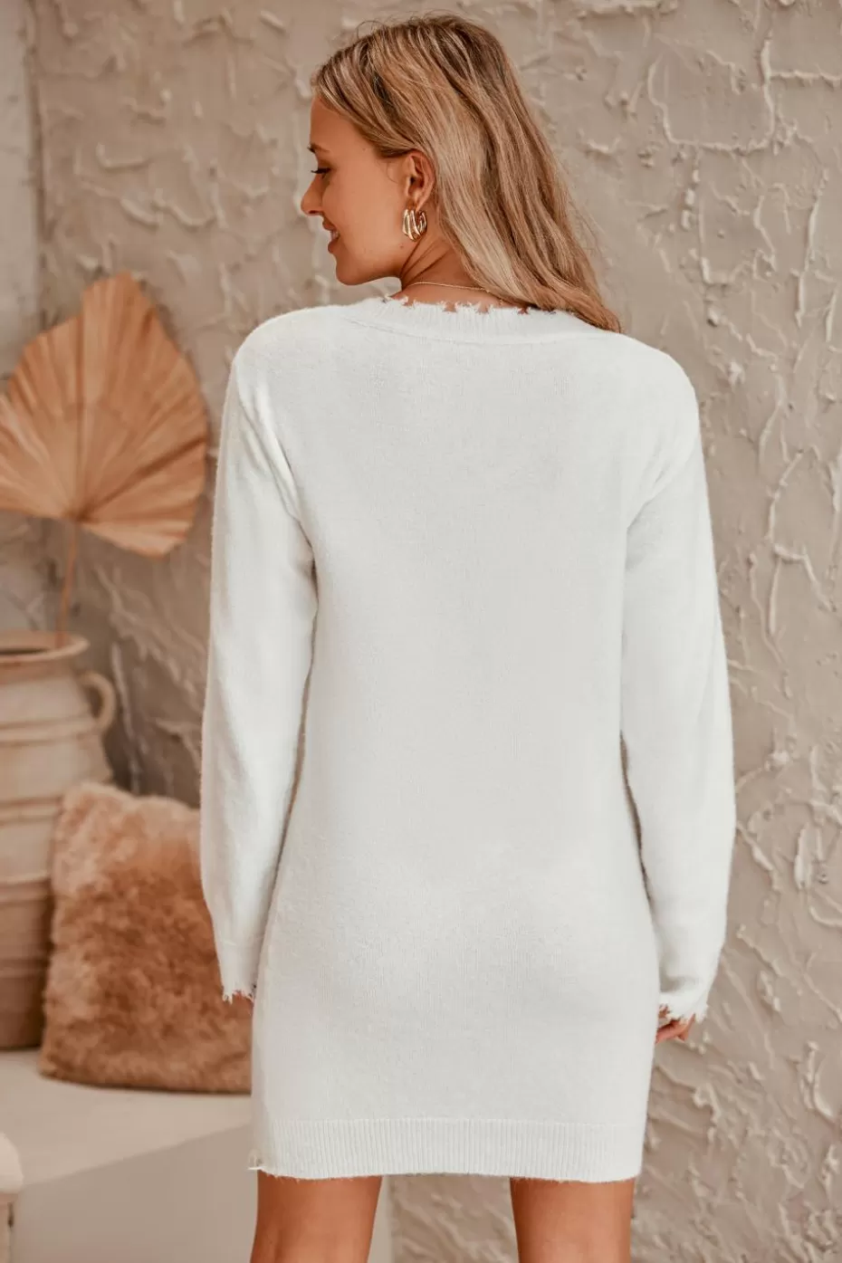 Hot Cupshe Frayed V-Neck Mini Sweater Dress White