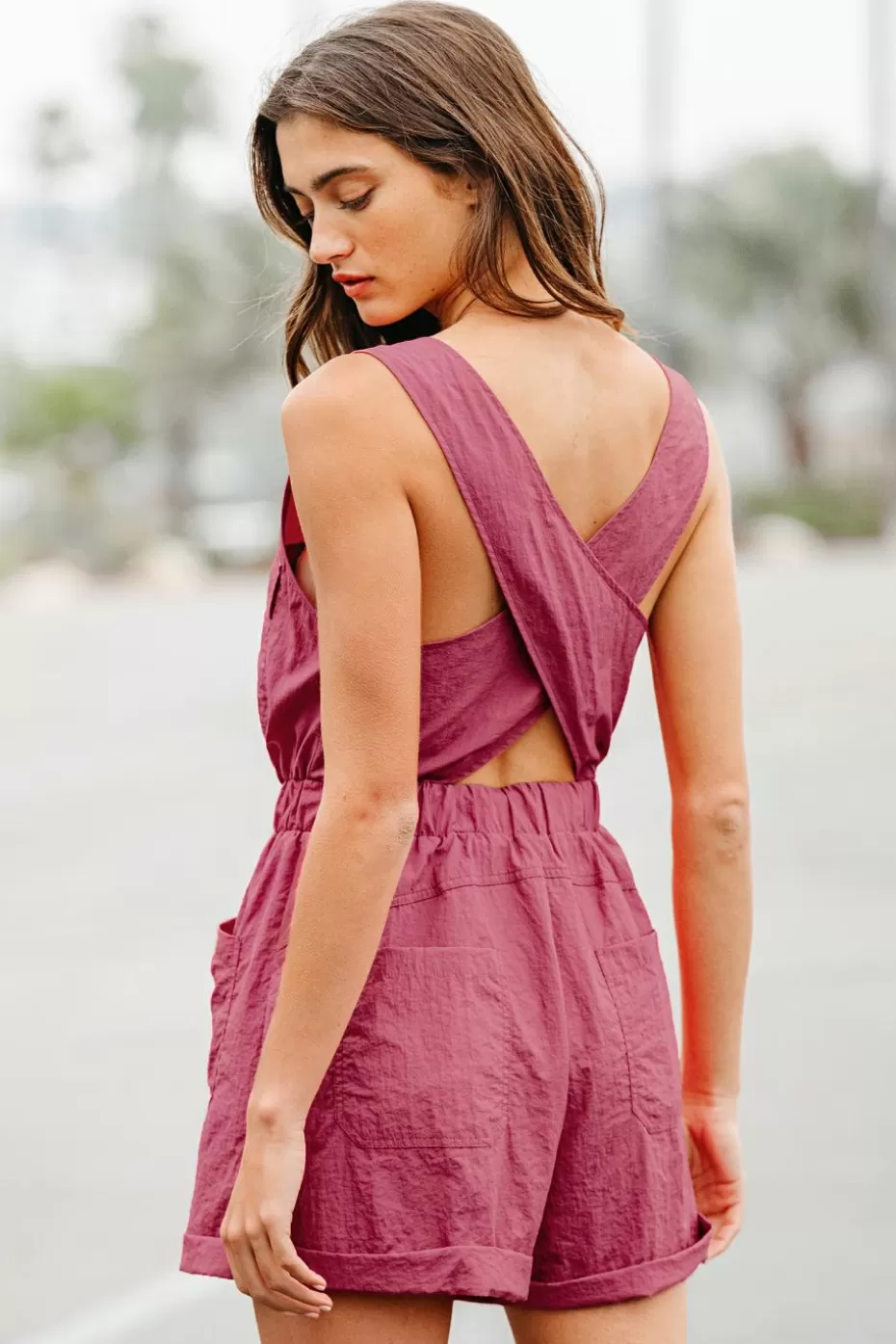 Clearance Cupshe Fuchsia Front Zip Utility Romper Fuschia