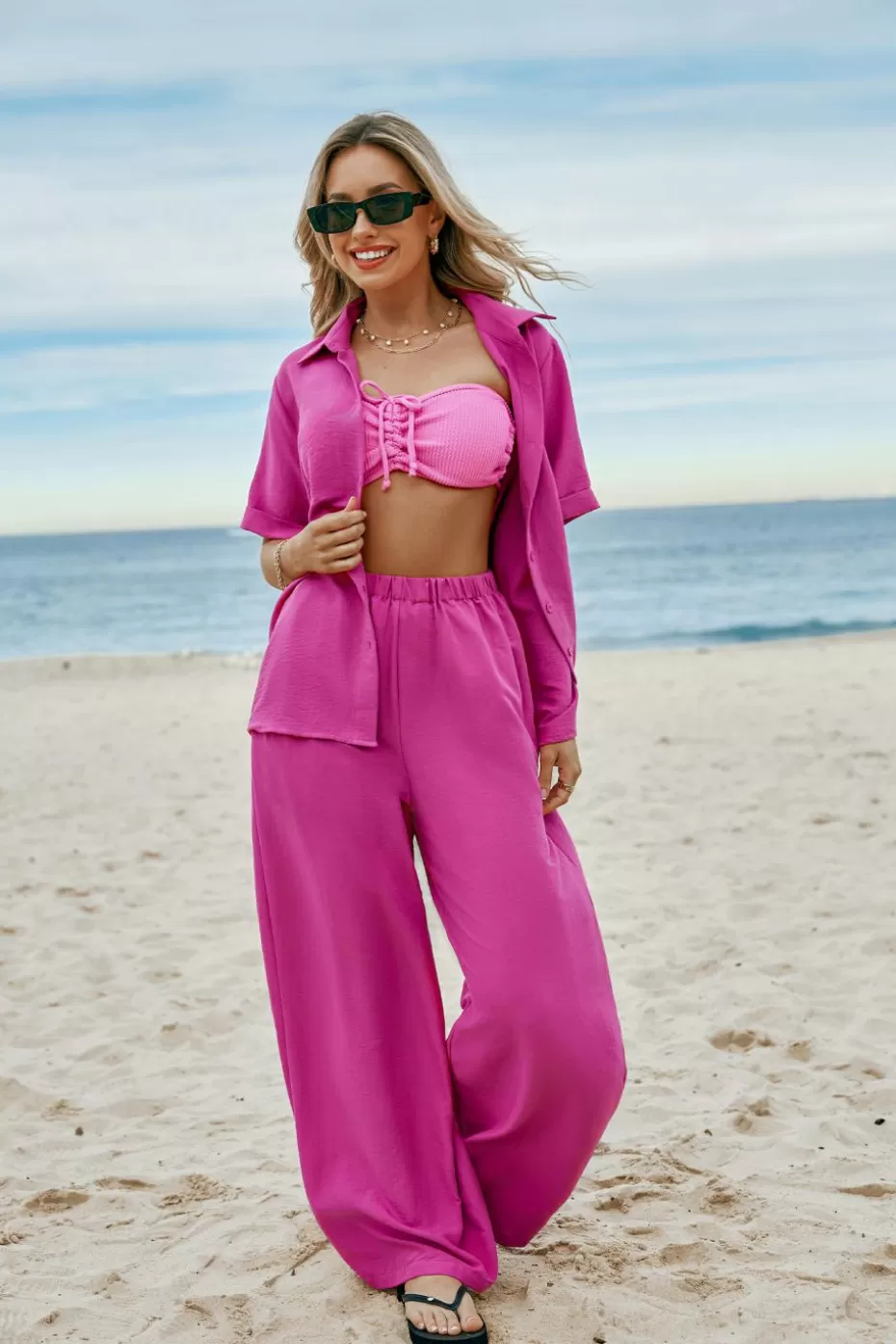 Discount Cupshe Fuchsia High-Rise Pants Pink