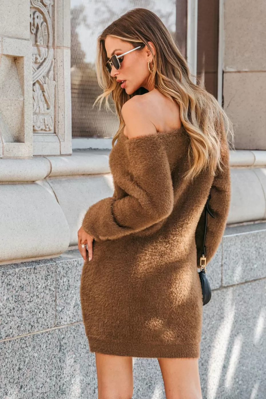 Outlet Cupshe Fuzzy Knit One-Shoulder Sweater Dress Brown