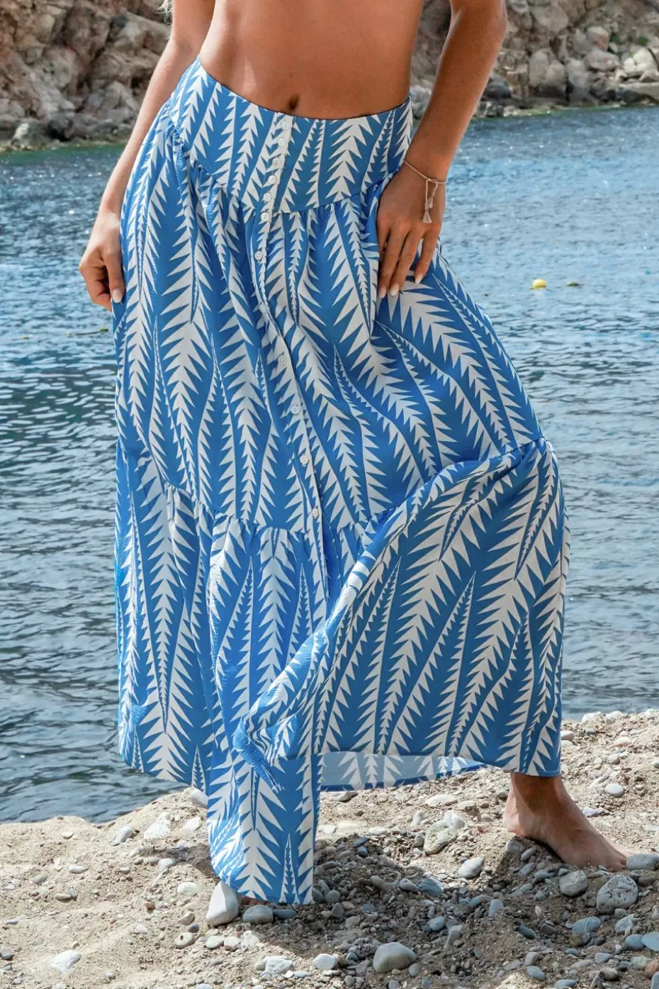 Hot Cupshe GEO Print Front-Button Maxi Skirt Sky