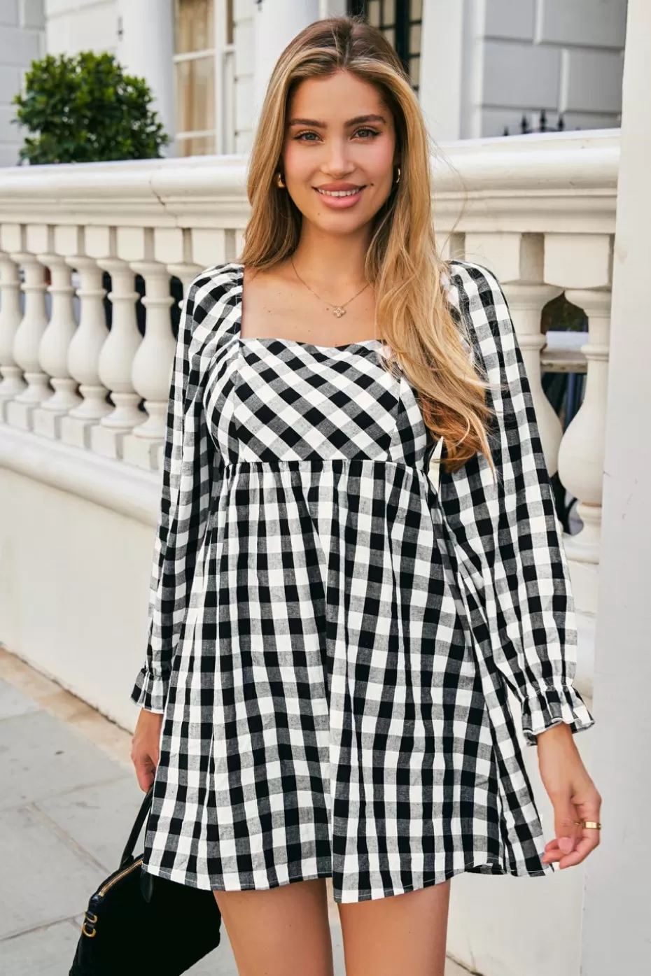 Discount Cupshe Gingham Long Sleeve Square Neck Mini Dress Black