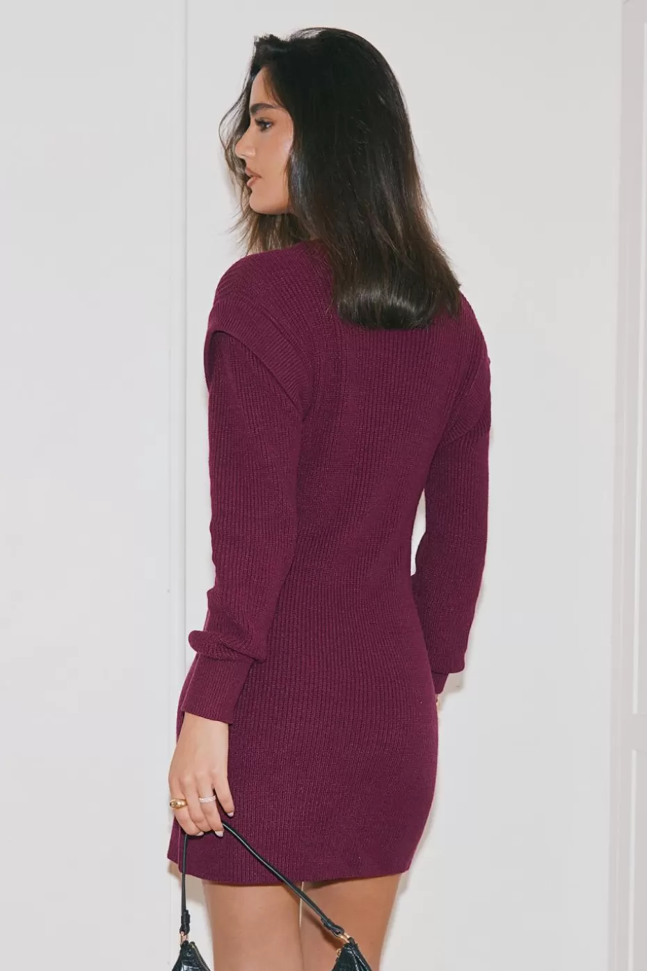 Clearance Cupshe Ribbed Knit Round Neck Long Sleeve Mini Dress Grape