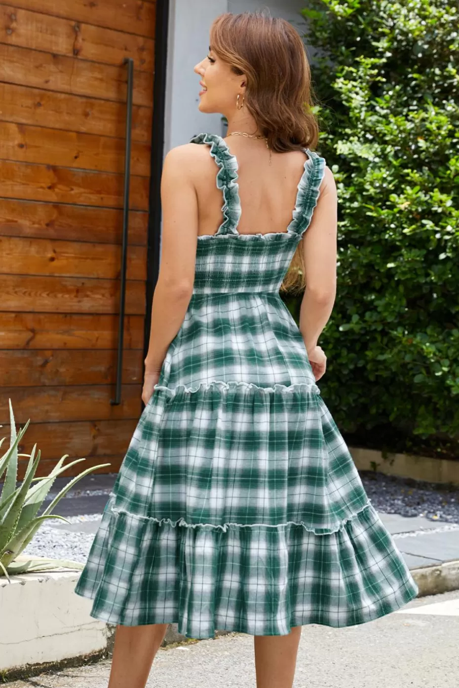Discount Cupshe Green & Plaid Square Neck Sleeveless Maxi Dress White