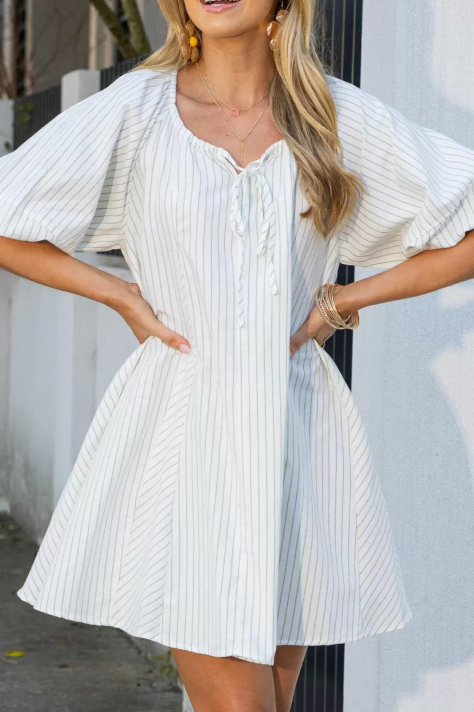 Sale Cupshe Green & Stripe Puff Sleeve Mini Dress White