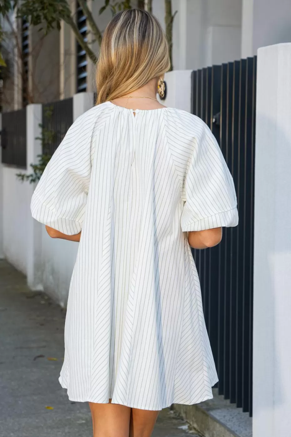 Sale Cupshe Green & Stripe Puff Sleeve Mini Dress White