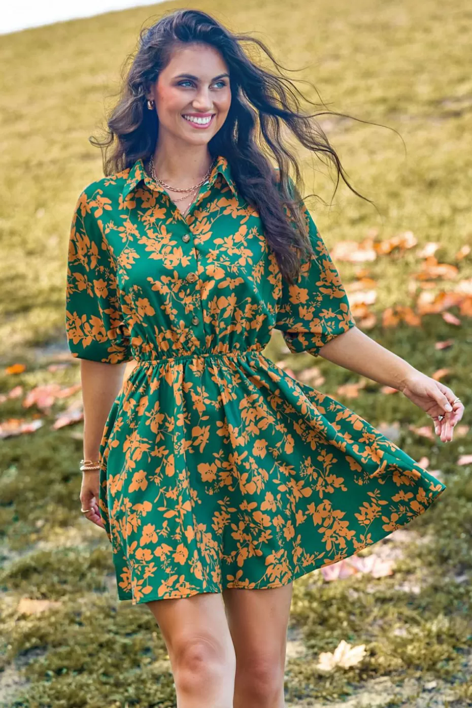 Cheap Cupshe & Yellow Floral Collared Half Sleeve Mini Dress Green