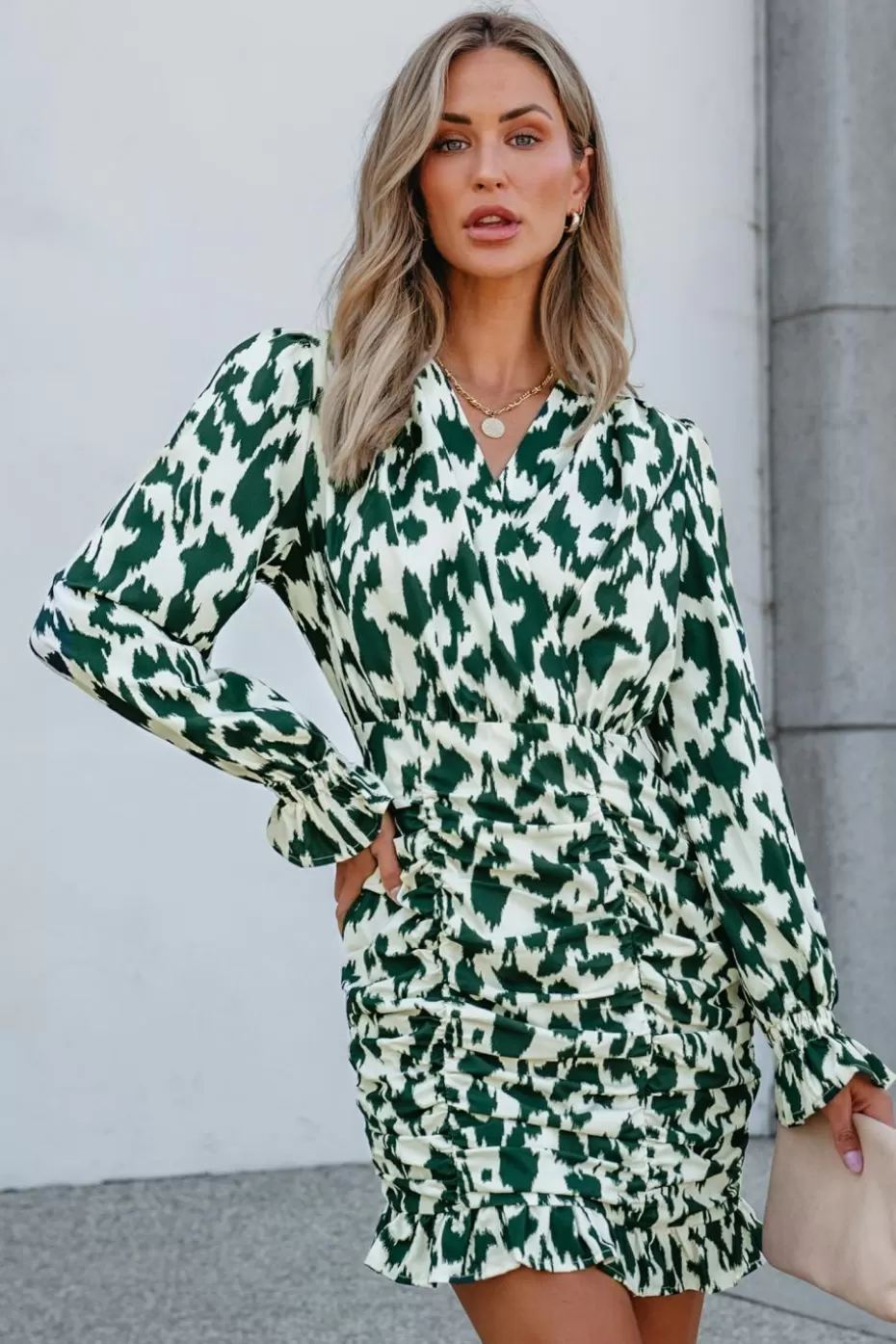 Sale Cupshe Abstract Leopard Print Poet Sleeve Shirred Mini Dress Green