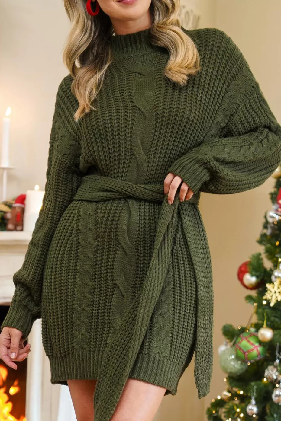 Clearance Cupshe Cable Knit Belted Turtleneck Sweater Dress Green