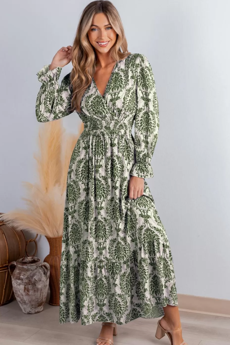 New Cupshe Damask Long Sleeve V-Neck Maxi Dress Green