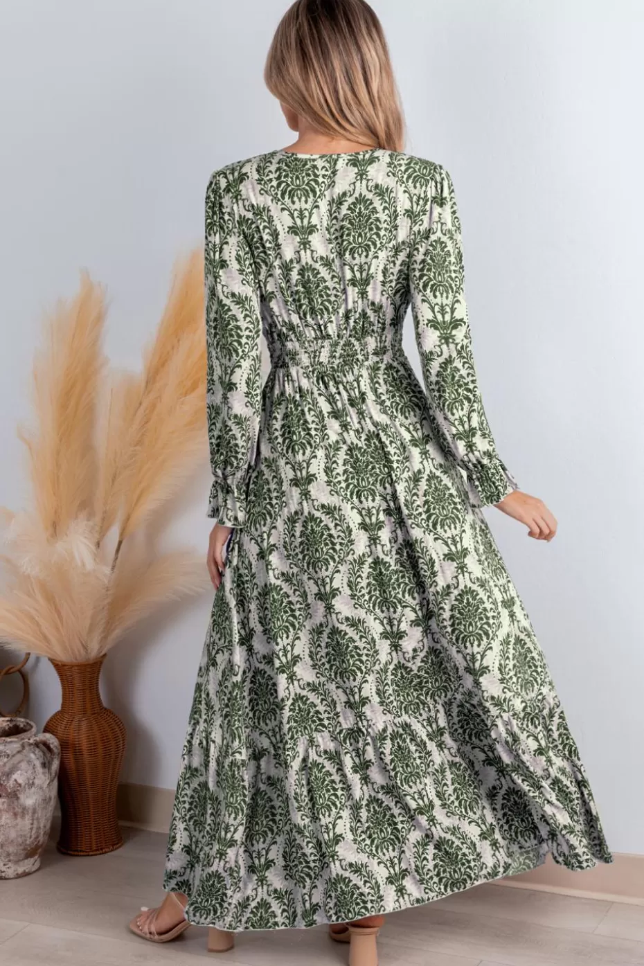 New Cupshe Damask Long Sleeve V-Neck Maxi Dress Green