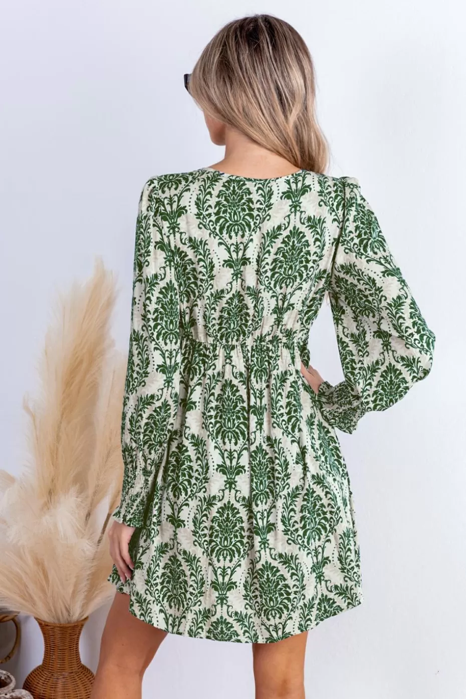 Hot Cupshe Damask V-Neck Long Sleeve Mini Dress Green