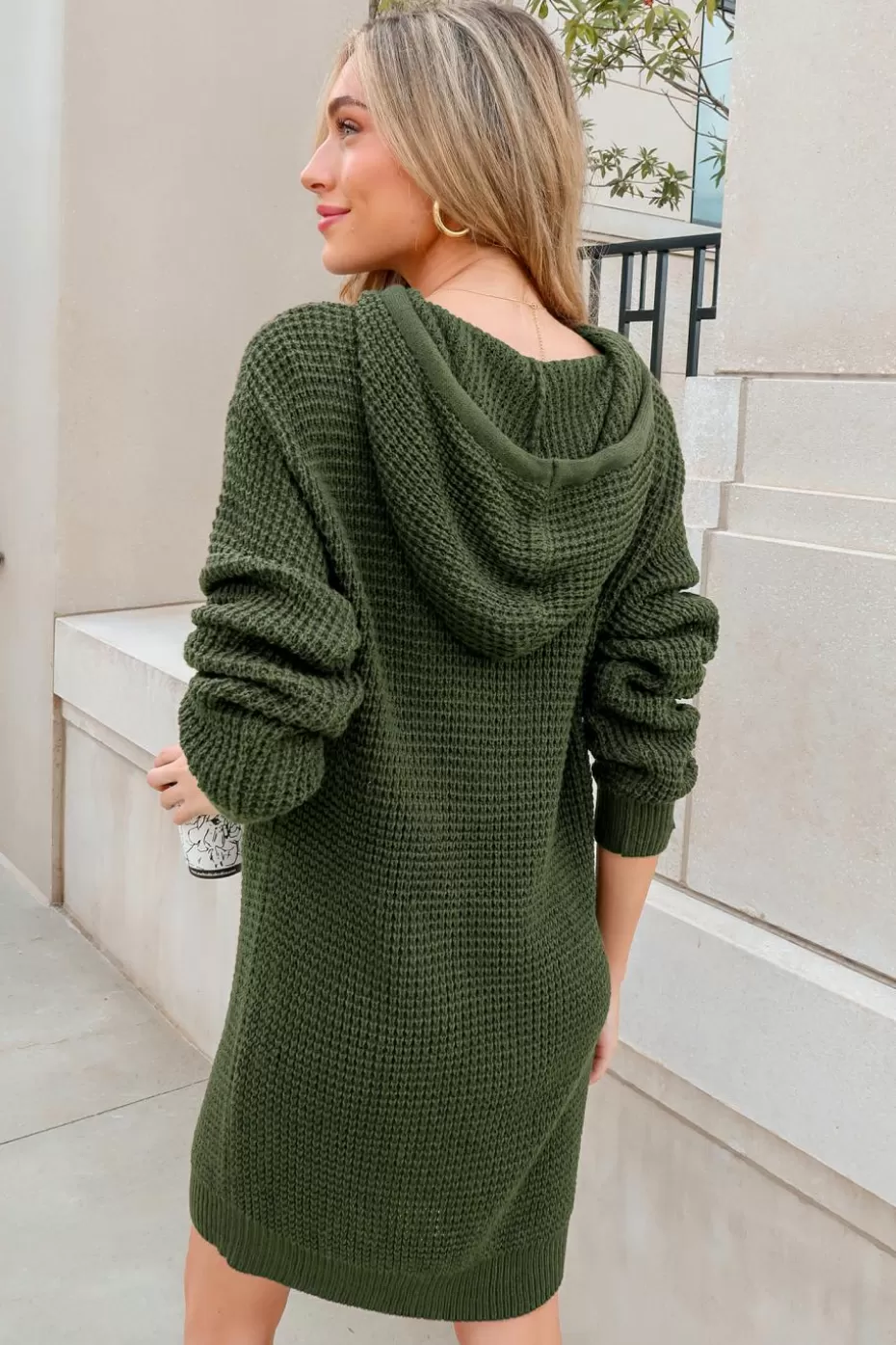 Sale Cupshe Drawstring Hooded Sweater Dress Green