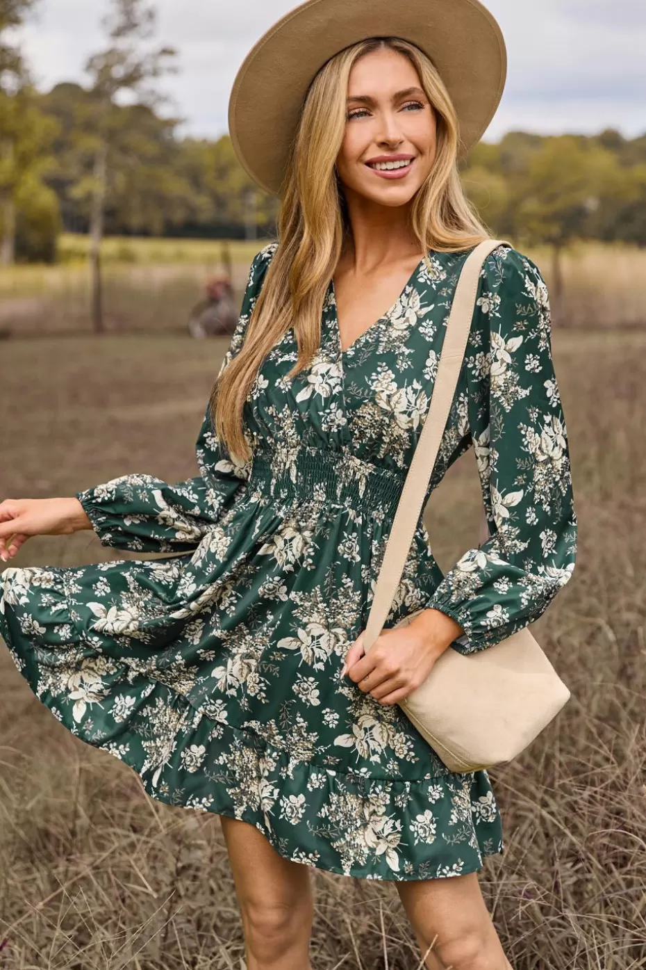 Clearance Cupshe Floral Blouson Sleeve Smocked Waist Mini Dress Green