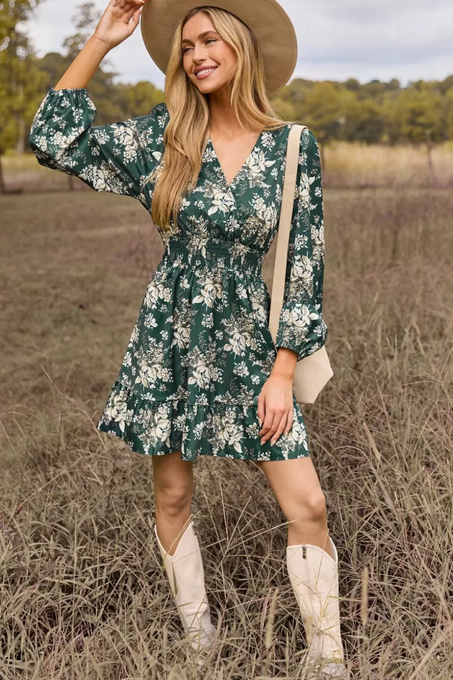 Clearance Cupshe Floral Blouson Sleeve Smocked Waist Mini Dress Green