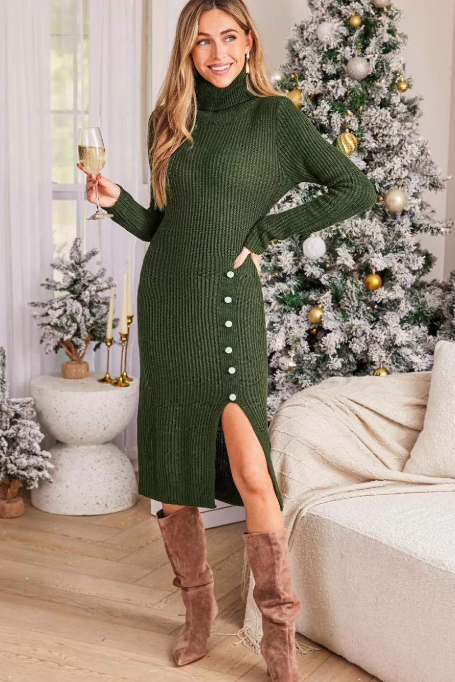 Outlet Cupshe Long Sleeve Turtleneck Bodycon Sweater Dress Green