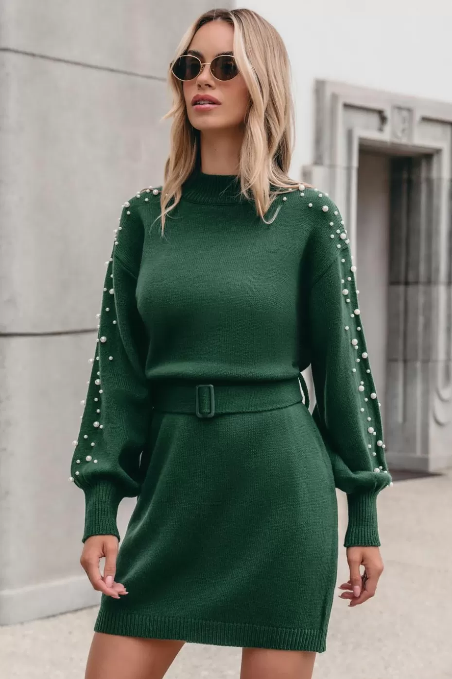 Best Sale Cupshe Mockneck Beaded Long Sleeve Sweater Dress Green