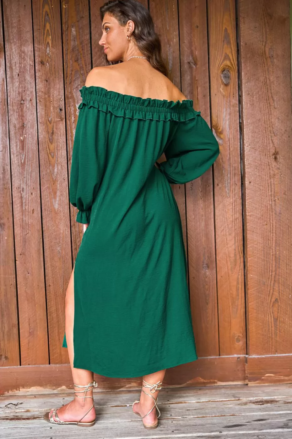 Discount Cupshe Off-Shoulder Poet Sleeve Midi Dress Green