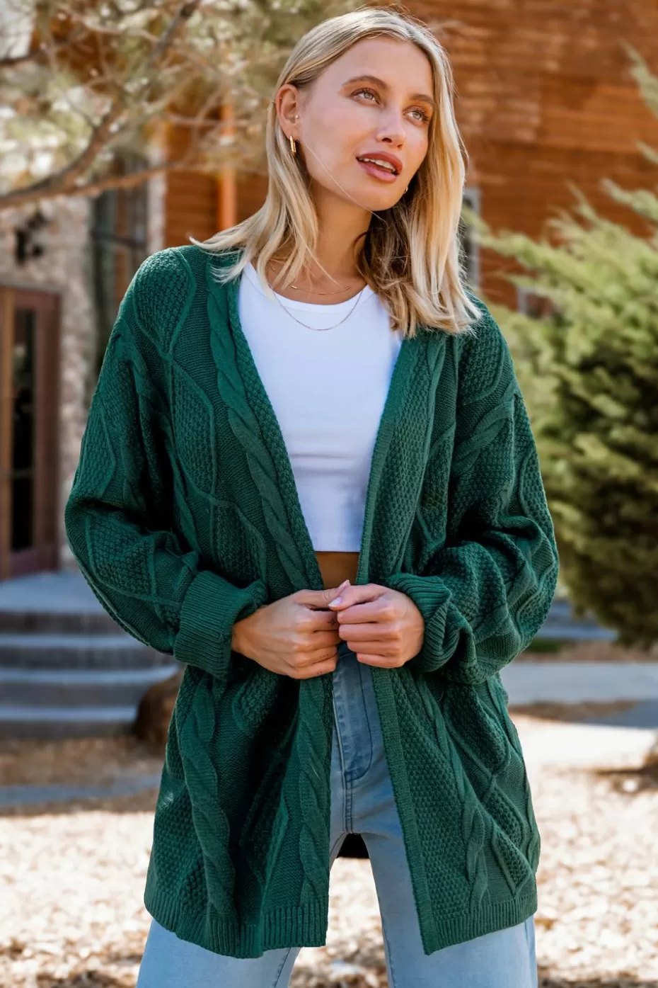 Cheap Cupshe Open Front Long Sleeve Cable Knit Cardigan Green