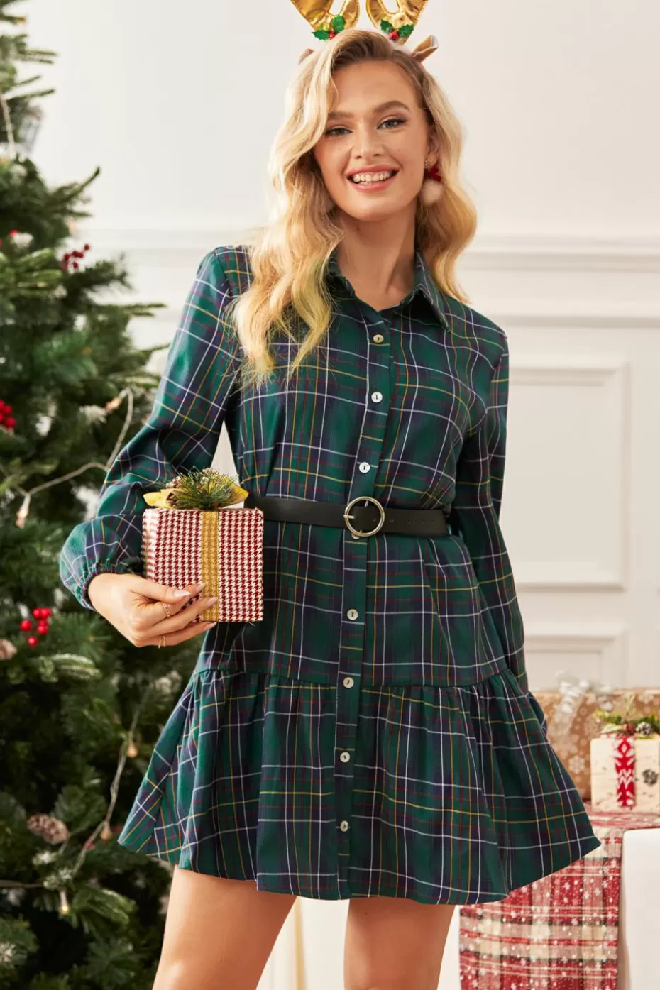 Best Cupshe Plaid Collared Flounce Hem Mini Shirt Dress Green