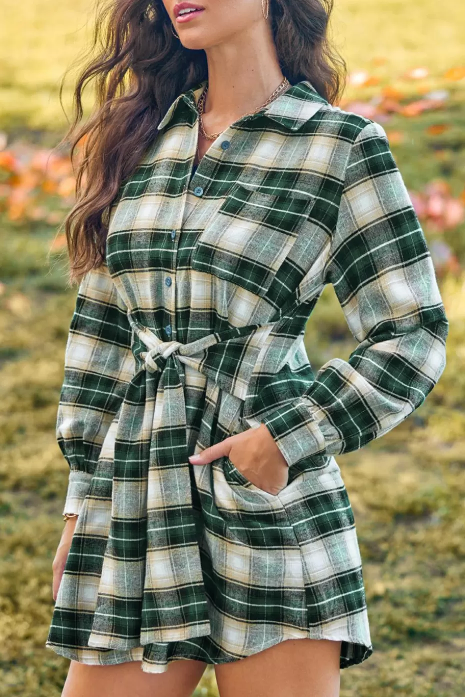 Clearance Cupshe Plaid Front Button Mini Shirt Dress Green