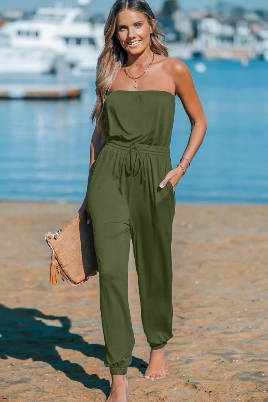 Discount Cupshe Green Tube & Tie Tapered Jumpsuit Olive