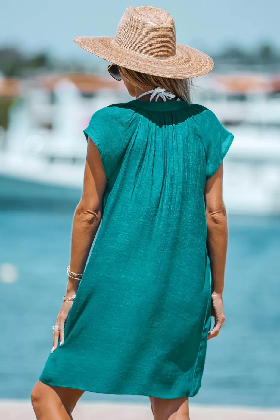 Best Cupshe V-Neck Short Sleeve Mini Cover-Up Dress Green