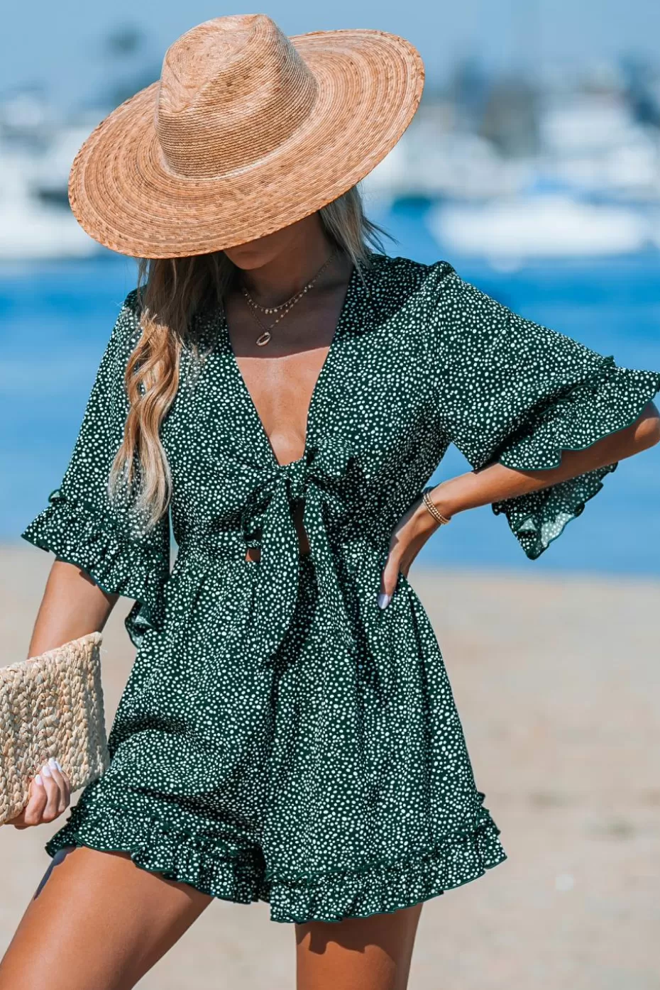 Best Cupshe -and-White Polka Dot Front Tie Cutout Romper Green