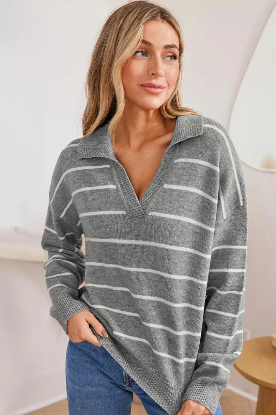 Best Cupshe & White Stripe Collared Long Sleeve Sweater Top Grey