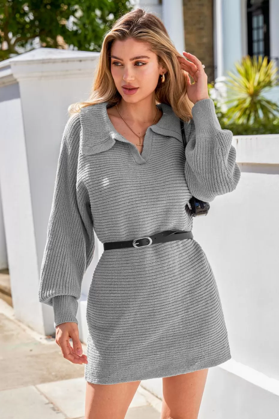 Discount Cupshe Collared Dolman Sleeve Mini Sweater Dress Grey