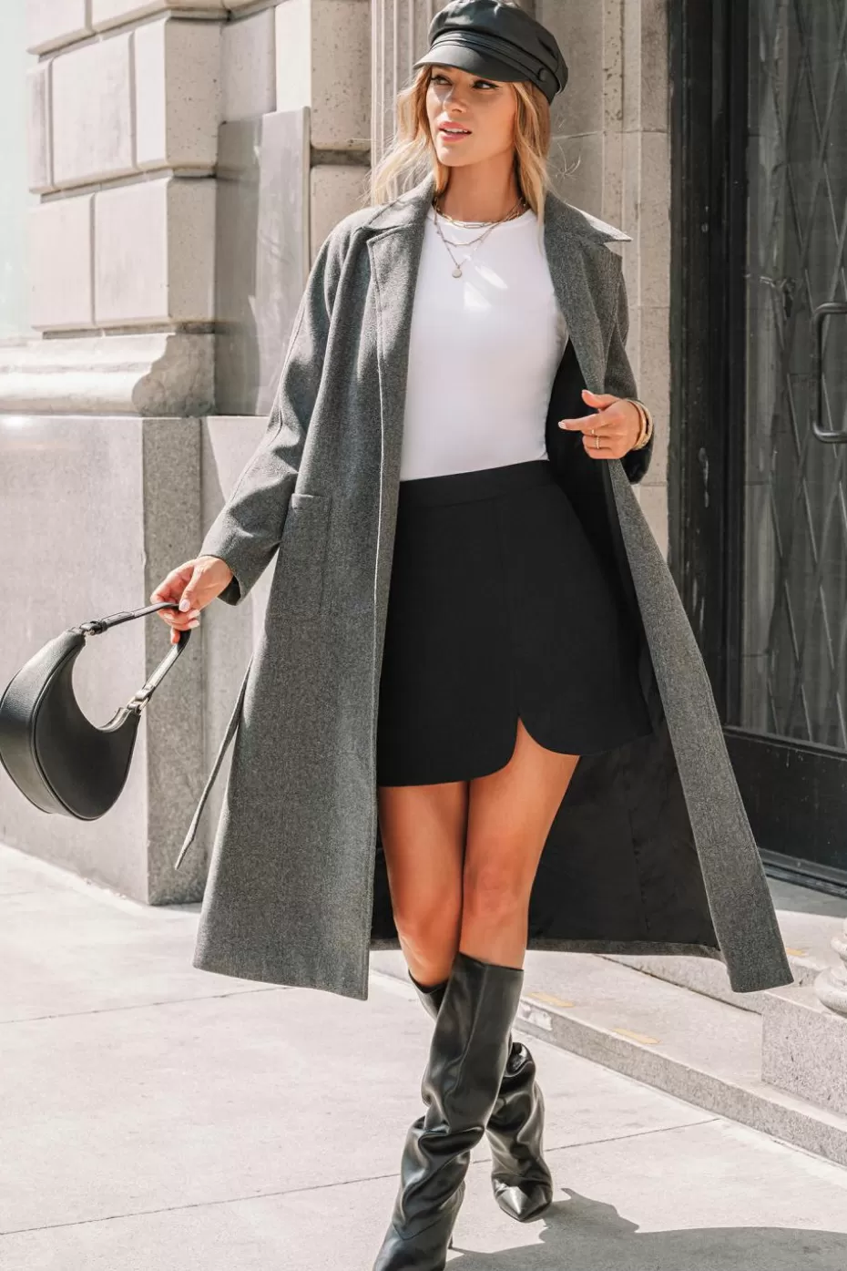 Clearance Cupshe Grey Collared Long Sleeve Trench Coat Dark Grey/Charcoal/Gunmetal