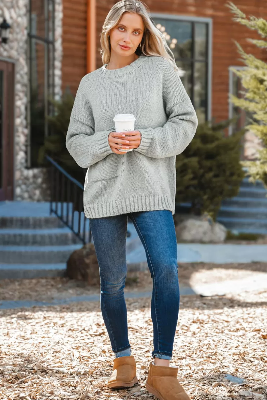 Best Cupshe Knit Slouchy Long Sleeve Sweater Grey