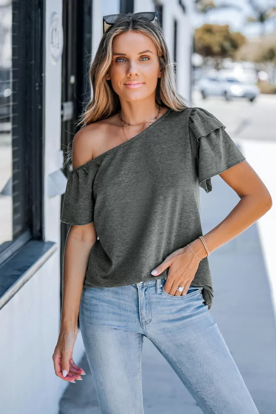 Clearance Cupshe Grey Off-Shoulder Tiered Sleeve Tee Dark Grey/Charcoal/Gunmetal