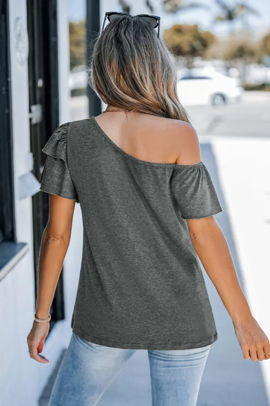 Clearance Cupshe Grey Off-Shoulder Tiered Sleeve Tee Dark Grey/Charcoal/Gunmetal