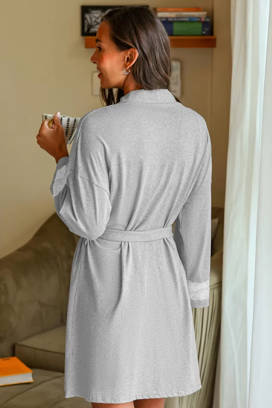 Clearance Cupshe Grey Open Front Contrast Lace Robe Light Grey