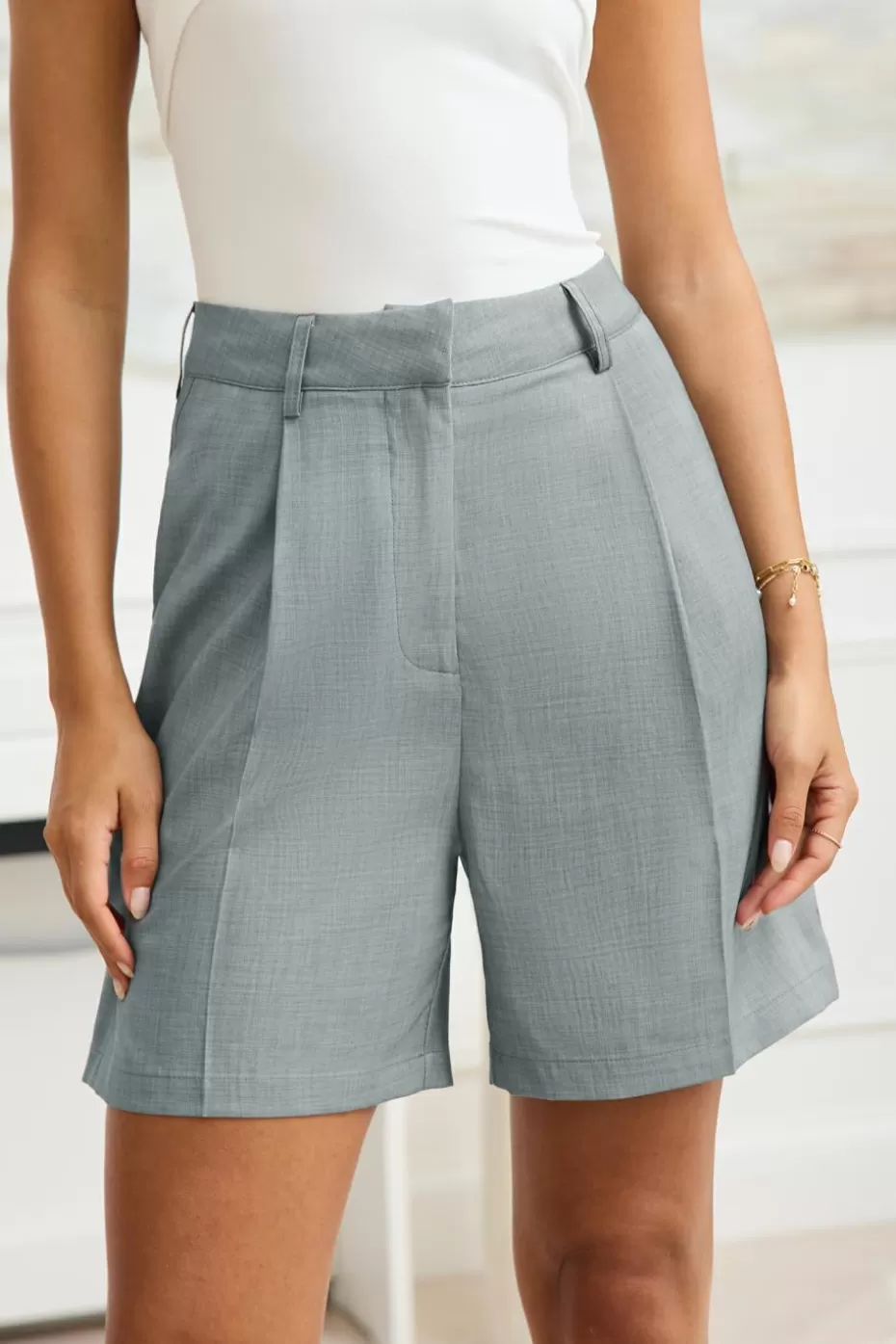 Cheap Cupshe Pleated Straight Leg Longline Shorts Grey