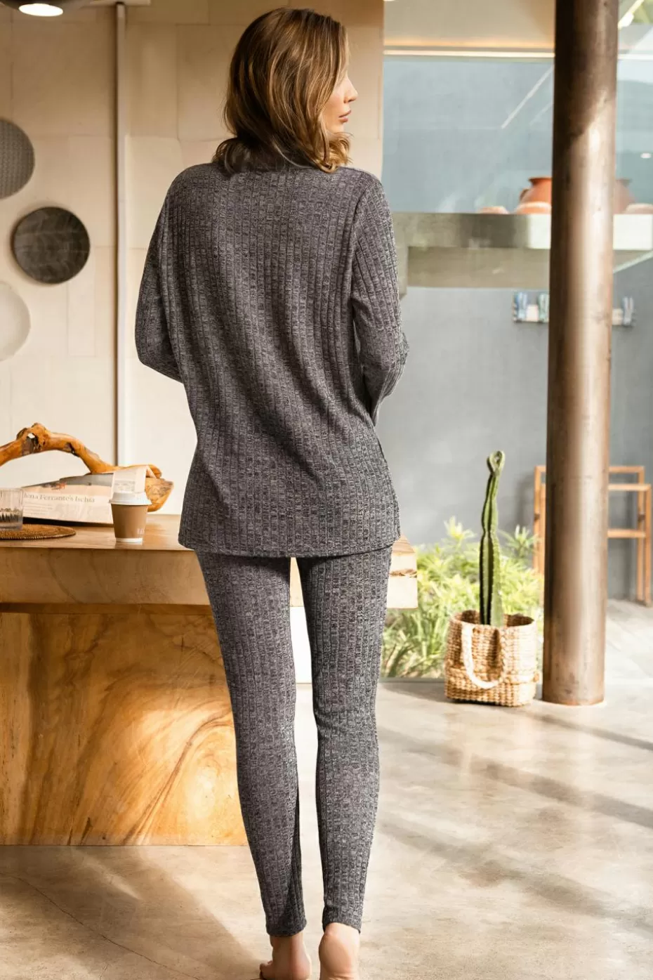 Outlet Cupshe Grey Ribbed Knit Long Sleeve Tee & Leggings Pajama Set Dark Grey/Charcoal/Gunmetal