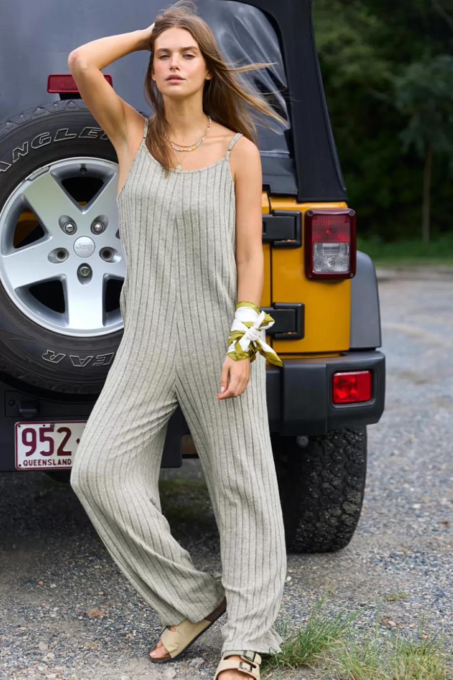 Best Sale Cupshe Grey Ribbed Knit Wide Leg Jumpsuit Light Grey