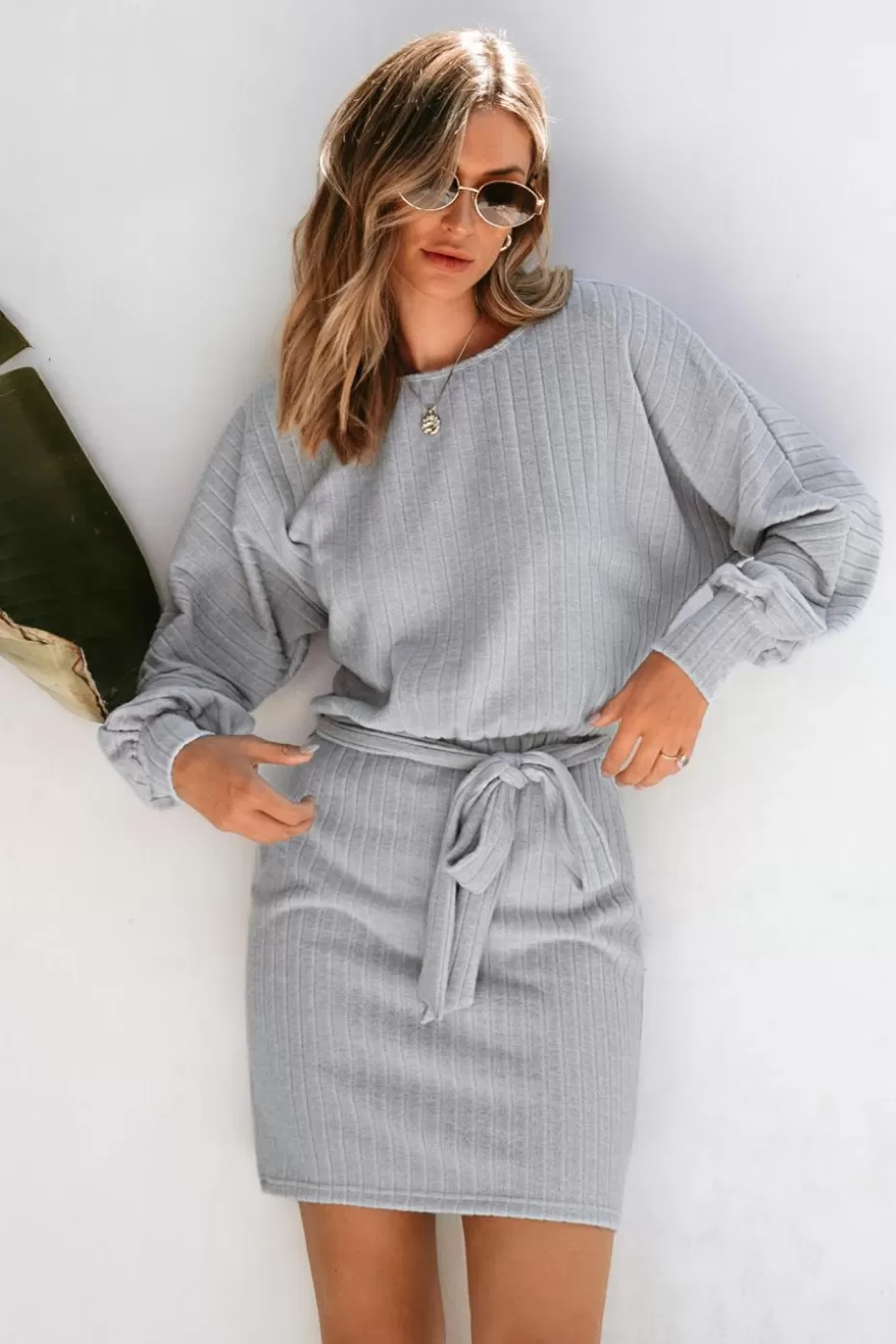 Clearance Cupshe Scoop Neck Belted Dress Grey