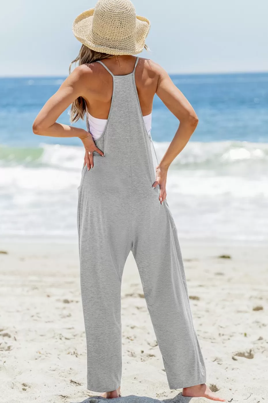 Shop Cupshe Grey Sleeveless Scoop Neck Loose Leg Jumpsuit Light Grey