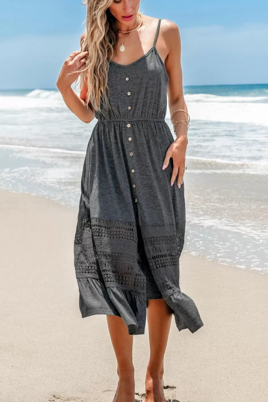 Outlet Cupshe Grey Sleeveless V-Neck Lace Panel Midi Dress Dark Grey/Charcoal/Gunmetal