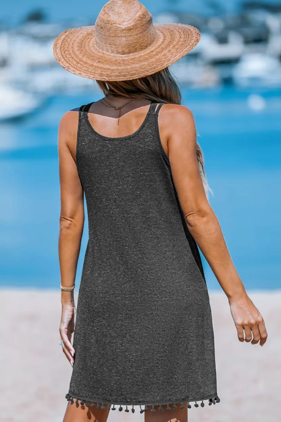 Best Cupshe Grey Strappy High Neck Pom-Pom Hem Mini Dress Dark Grey/Charcoal/Gunmetal