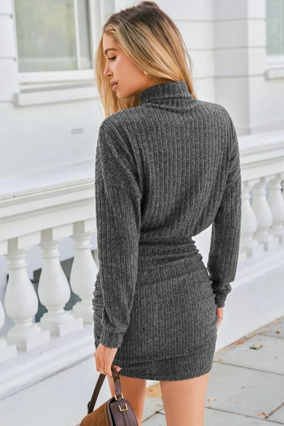 Best Cupshe Grey Turtleneck Long Sleeve Mini Dress Dark Grey/Charcoal/Gunmetal