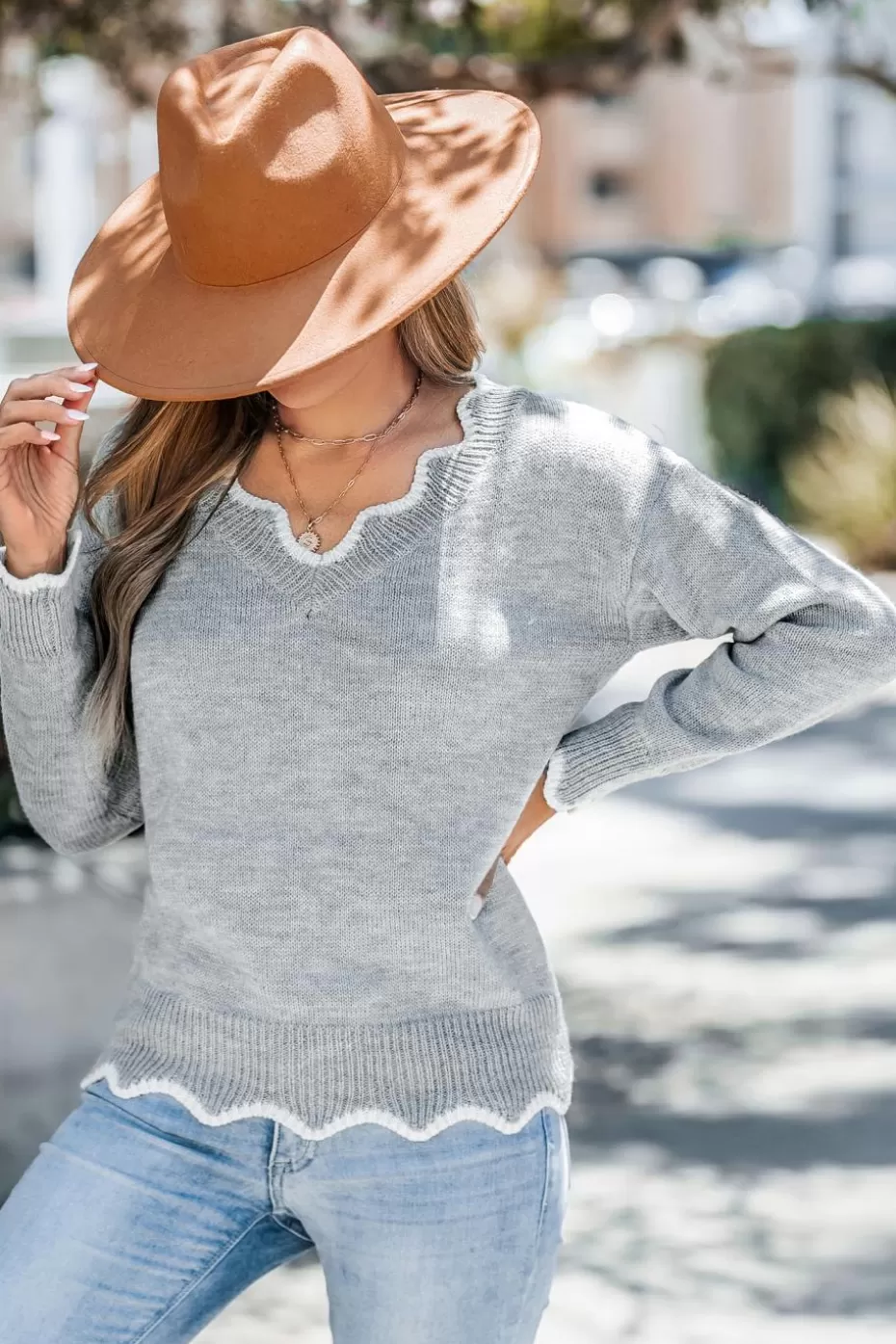 Best Cupshe Grey V-Neck Long Sleeve Scalloped Sweater Light Grey